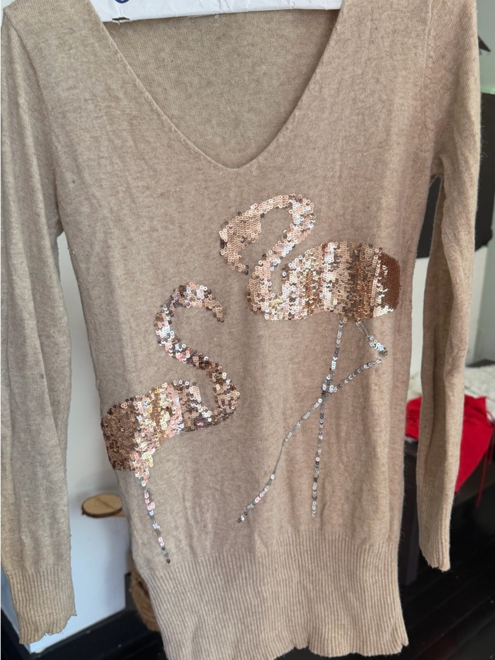Sequin Flamingo Sweater - Beige, Size S. Wool.